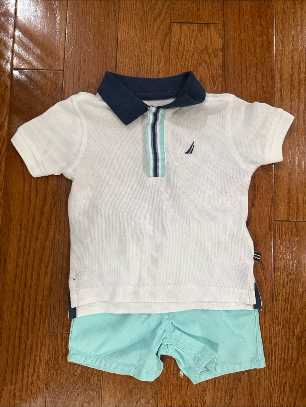 Nautica White Polo with Navy Collar and Aqua Stripe Placket - Kids